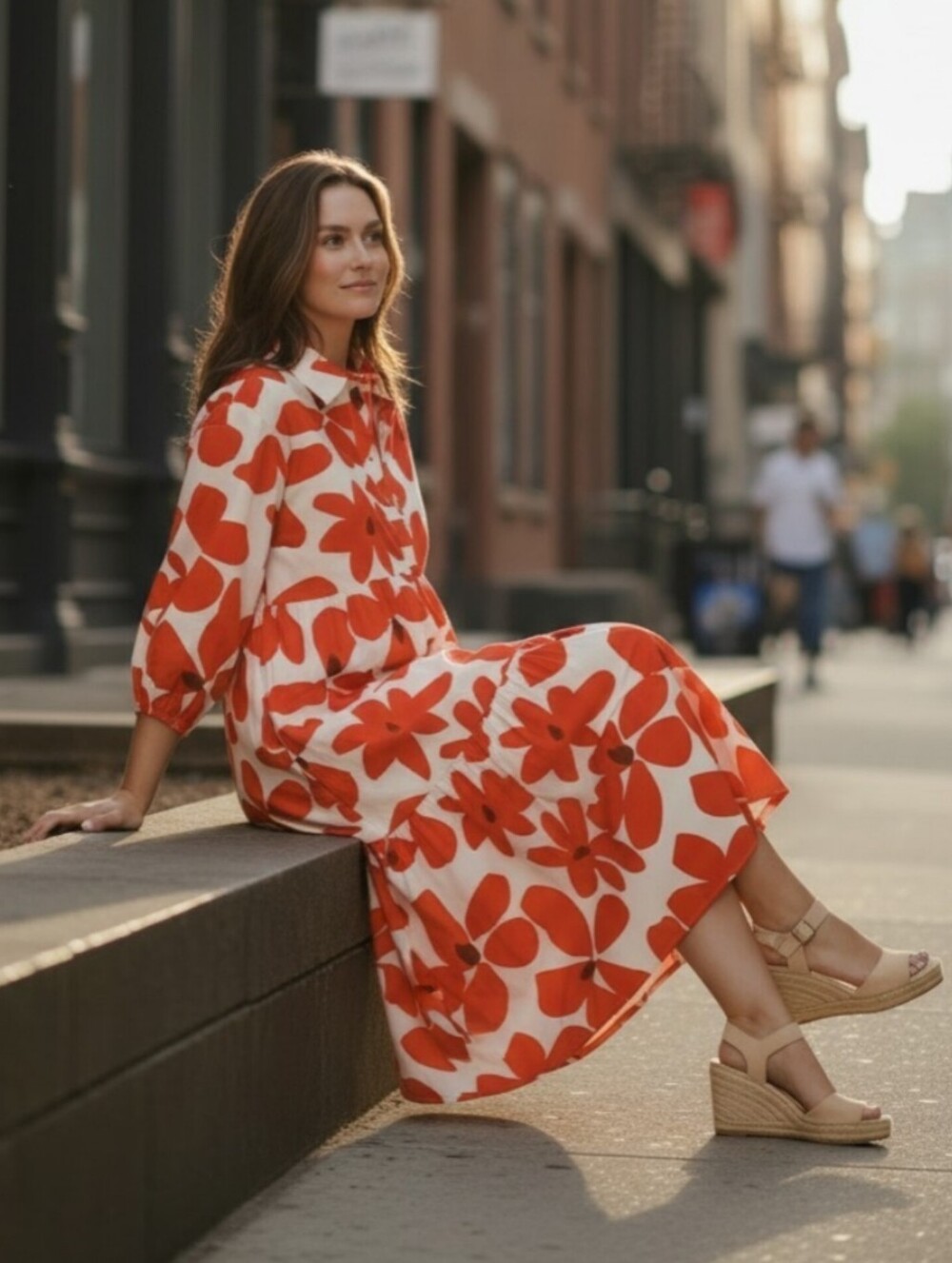 Maeve Anthropologie Xl tiered midi shirt dress 3/4 sleeves floral red bohemian - Picture 2 of 14